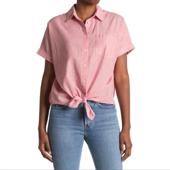 MADEWELL Pink Button Down Knot Front Top - Picture 1 of 3